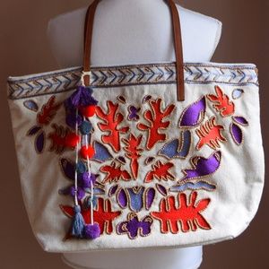 Steve Madden Embroidered Beaded Canvas Tote Bag